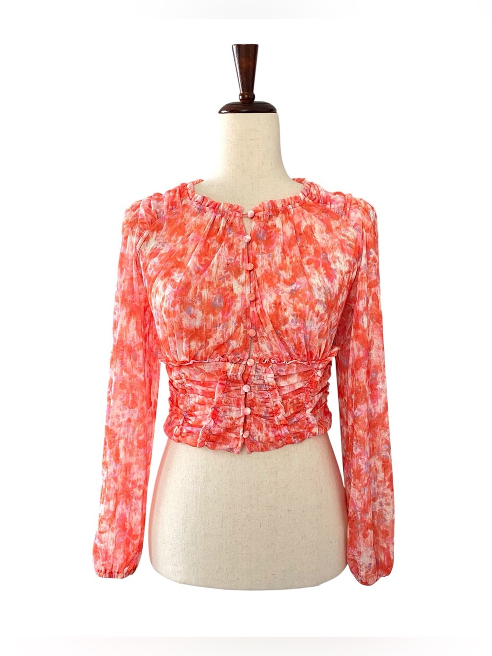 Anthropologie Vibrant Watercolors Long-Sleeve Ruched Cropped Top Size XXS